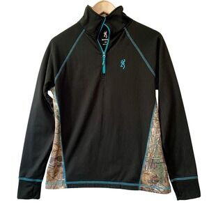 Browning Pullover 1/4 Zip Black Camo Turquoise with Thumb Holes Size‎ M